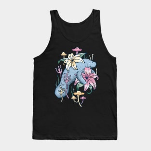 Manatee Explores Floral Lagoon - Rustic Flower Design Tank Top